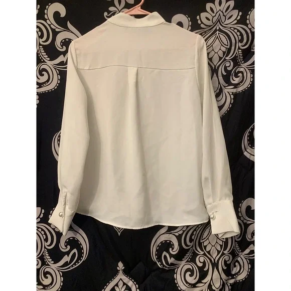 Zara Basic White Mock Neck Blouse Pearl Button Shoulder Long Sleeve Small - Picture 5 of 7